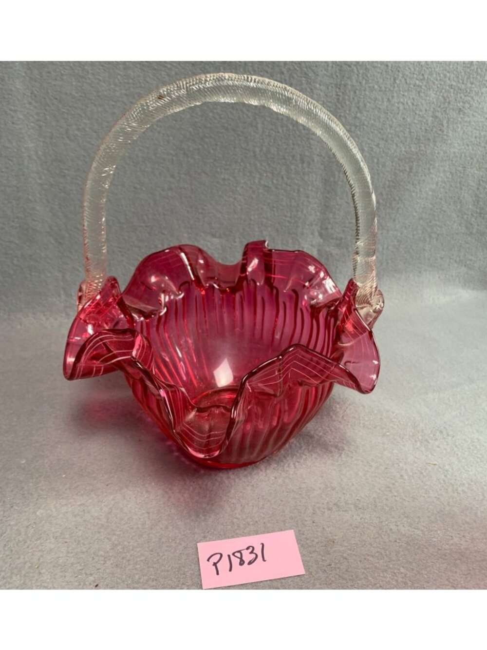 Hand-Blown Cranberry Glass Basket Ruffled Edge & Clear Handle Vintage - Picture 12 of 14